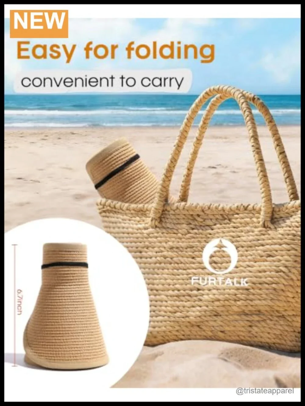 Wide Brim Straw Visor Hat with Ponytail Opening, Foldable UV Protection